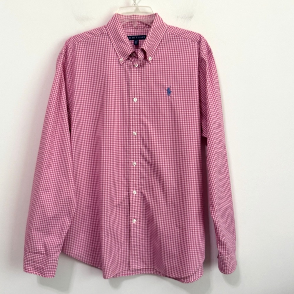Ralph Lauren Mens‎ Button Down Shirt XL Pink Gingham Long Sleeve Preppy Church